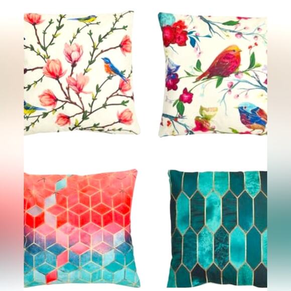 Set of 4 Pillow Covers 2 Bird and Floral Patterns and 2 Geometric Pattern - Picture 2 of 5